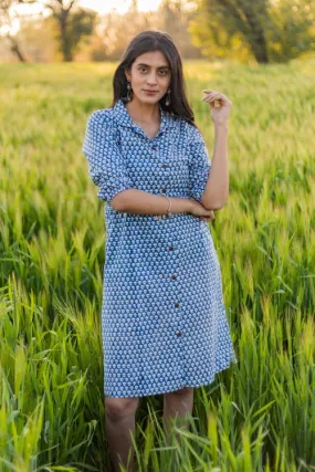 Sootisyahi 'Blue Bell' Azofree Handblock Printed Pure Cotton Dress