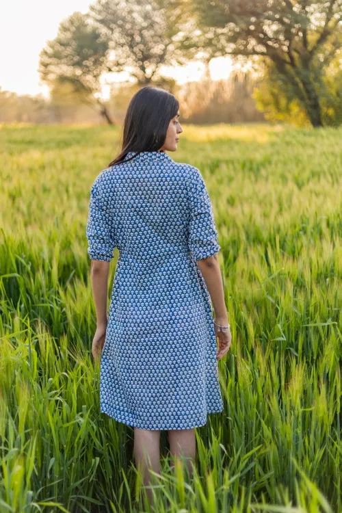 Sootisyahi 'Blue Bell' Azofree Handblock Printed Pure Cotton Dress