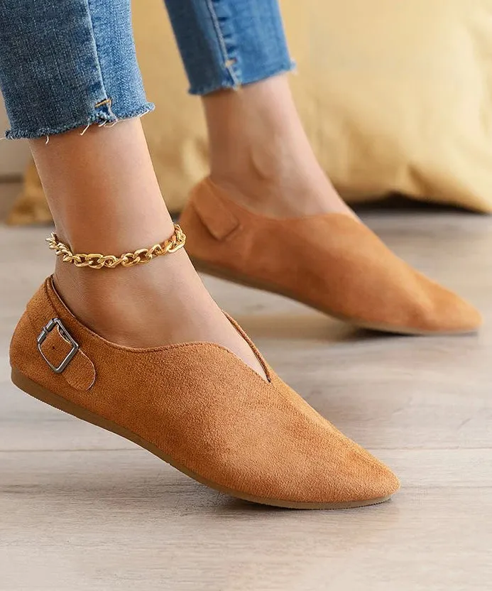 Suede Khaki Women Splicing Flat Shoes For Pointed Toe AP1033