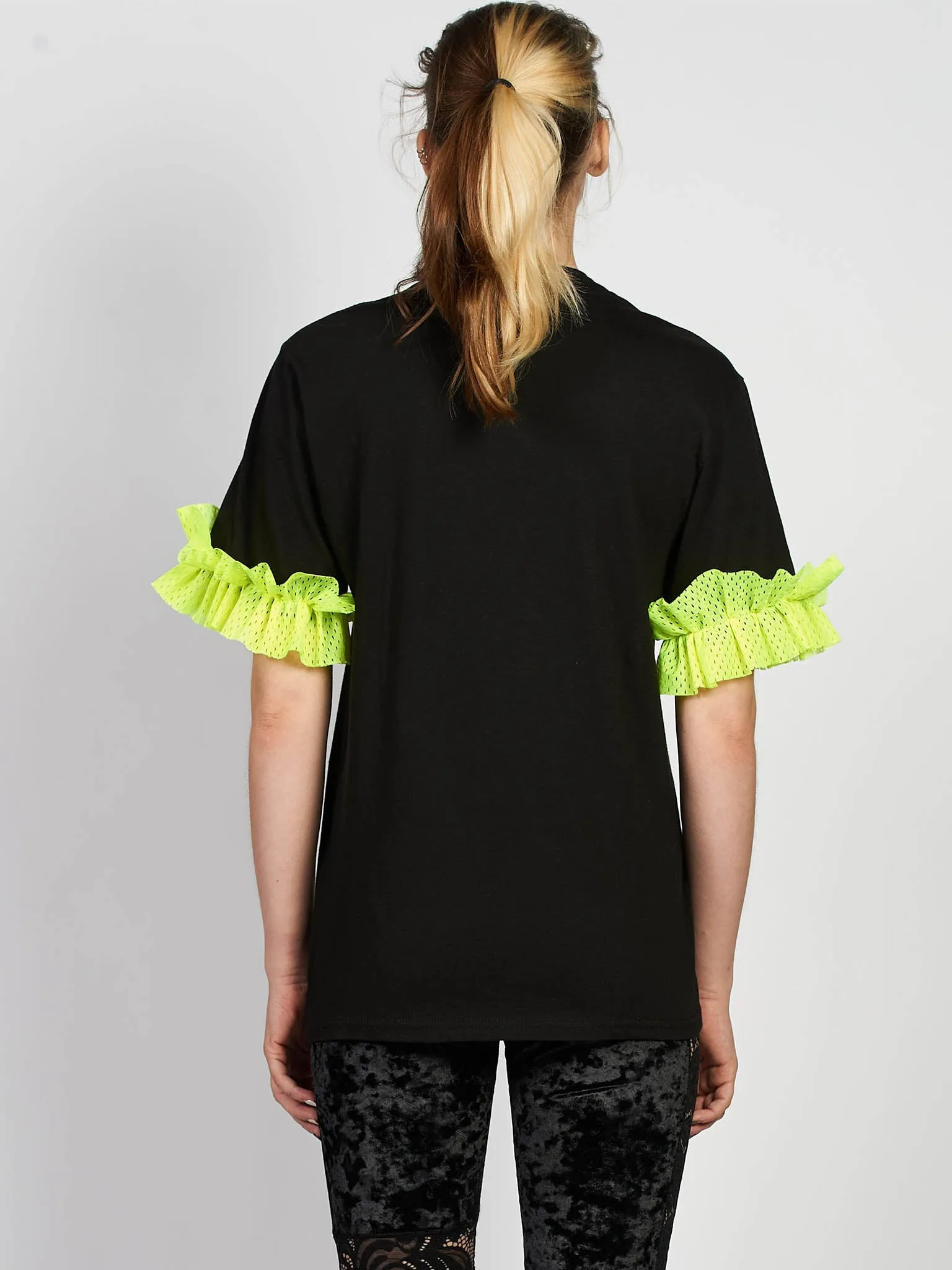 Tee Shirt with Logo and Neon Ruffle in Black