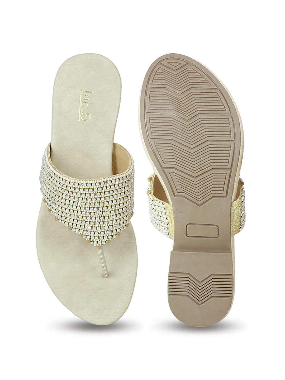 Women Beige Embellished Ethnic Open Toe Flats