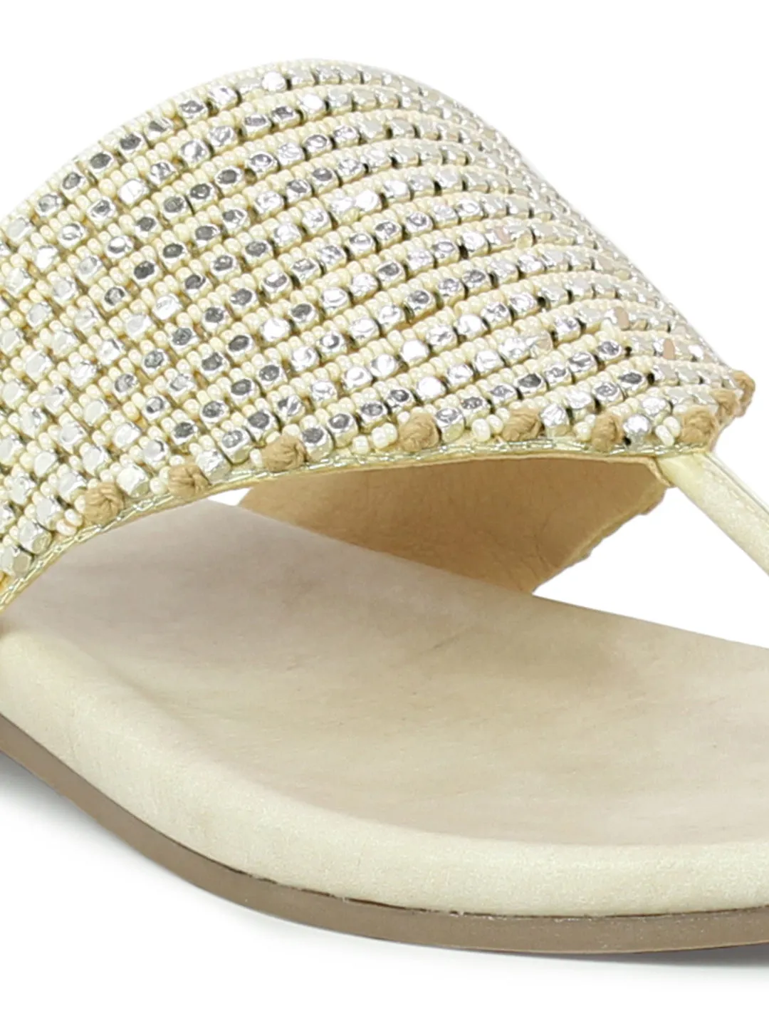 Women Beige Embellished Ethnic Open Toe Flats