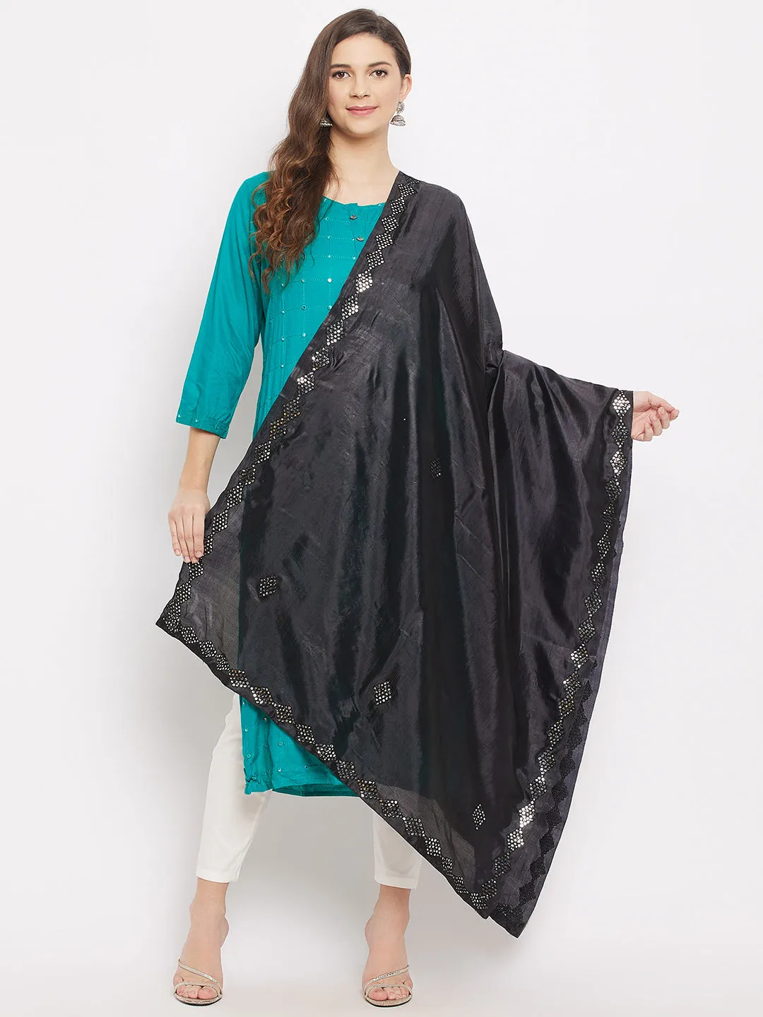 Women Black Mirror Work Silk Dupatta