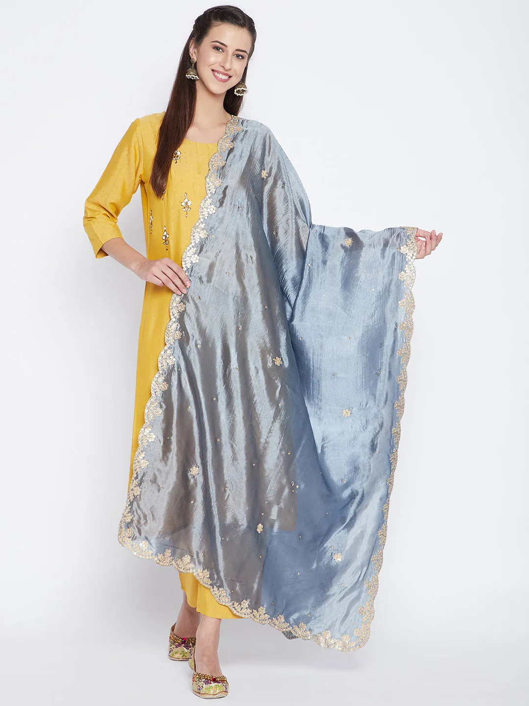 Women Grey Gotta Patti Silk Dupatta