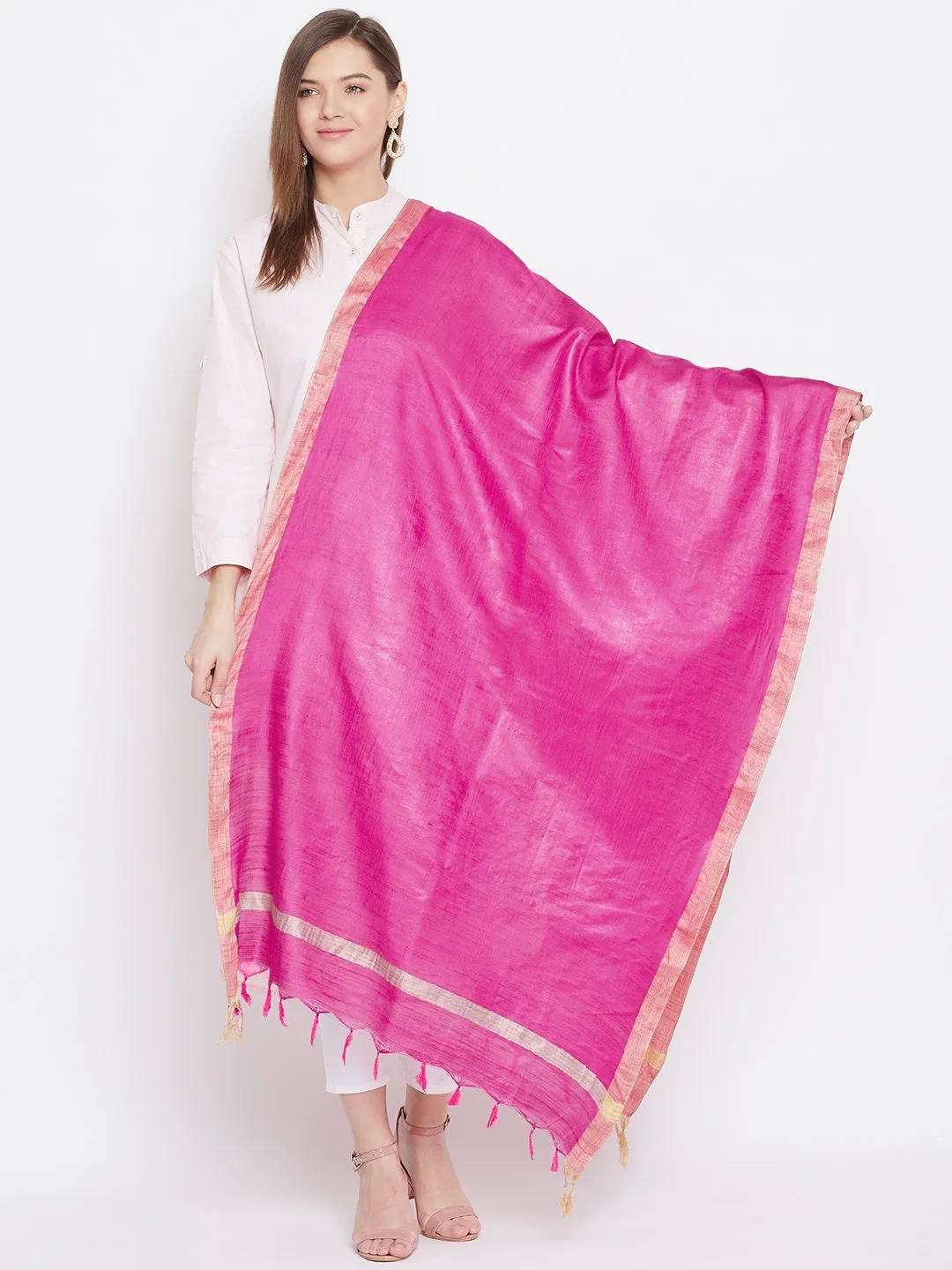 Women Magenta Solid Cotton Tussar Dupatta