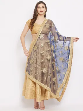 Women Navy Blue Embroidered Net Dupatta