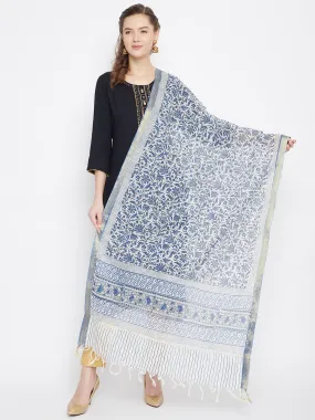 Women Navy Blue Printed Cotton Silk Dupatta