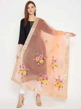 Women Peach Printed Organza Dupatta