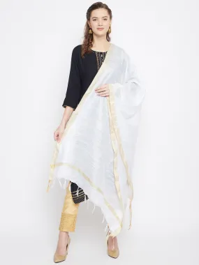 Women White Solid Cotton Tussar Dupatta