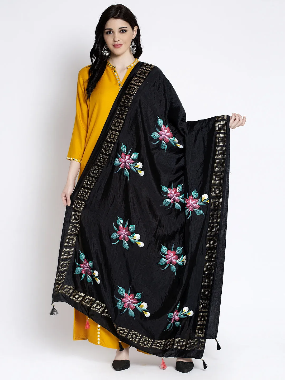 Women'S Black Embellished Silk Dupatta