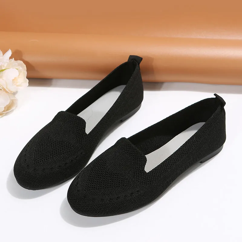 Women's Black Slip On Flats Breathable Knitted Round Toe Non-slip Casual Lightweight Walking Shoes