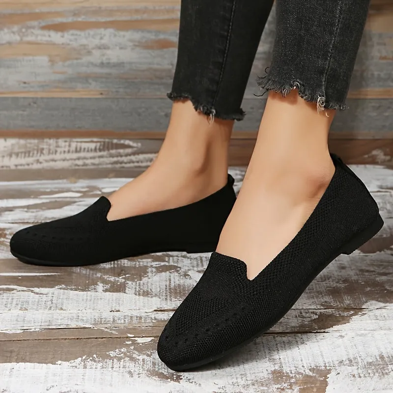 Women's Black Slip On Flats Breathable Knitted Round Toe Non-slip Casual Lightweight Walking Shoes