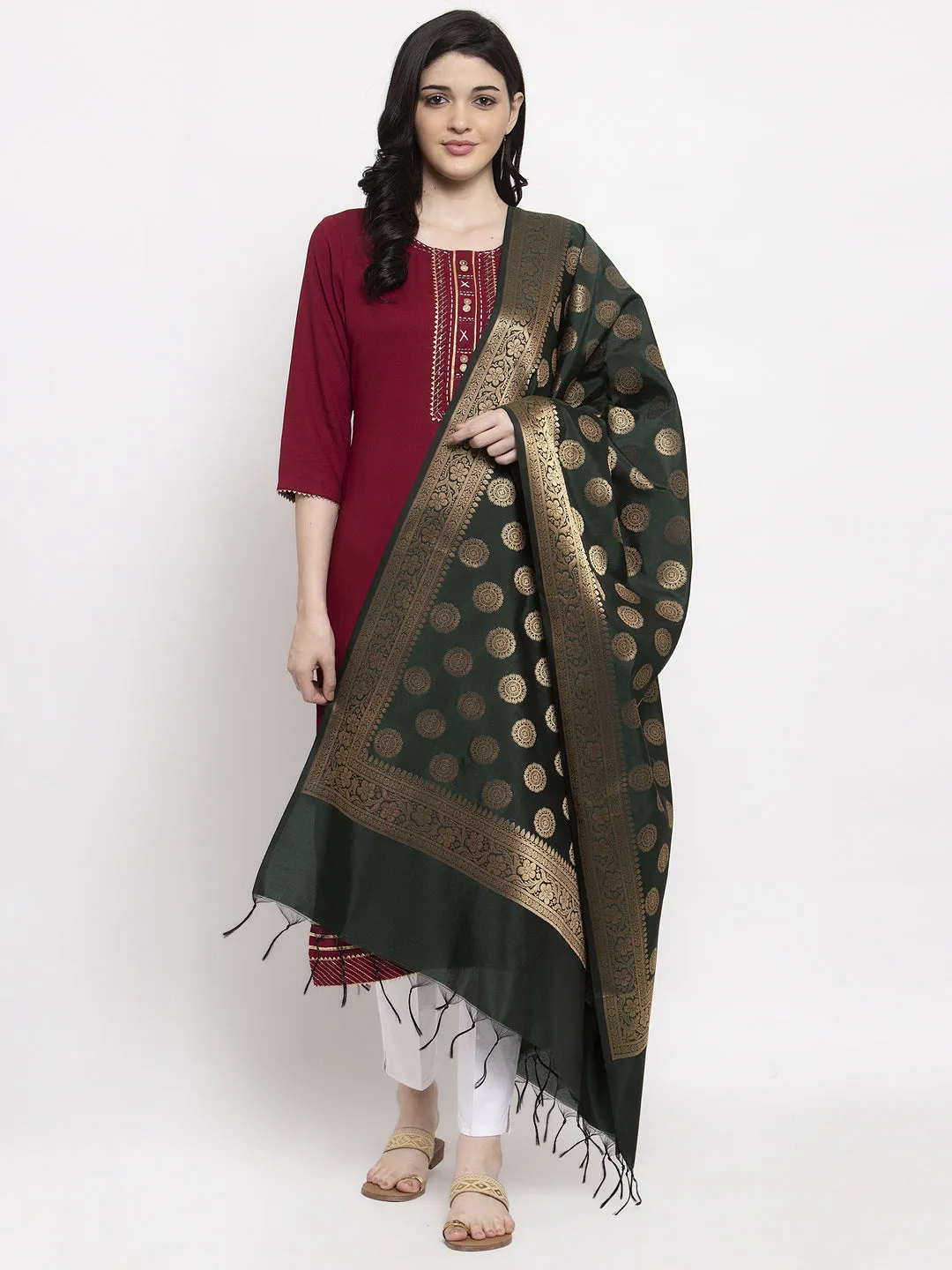 Women'S Bottle Green & Gold Banarsi Silk Dupatta