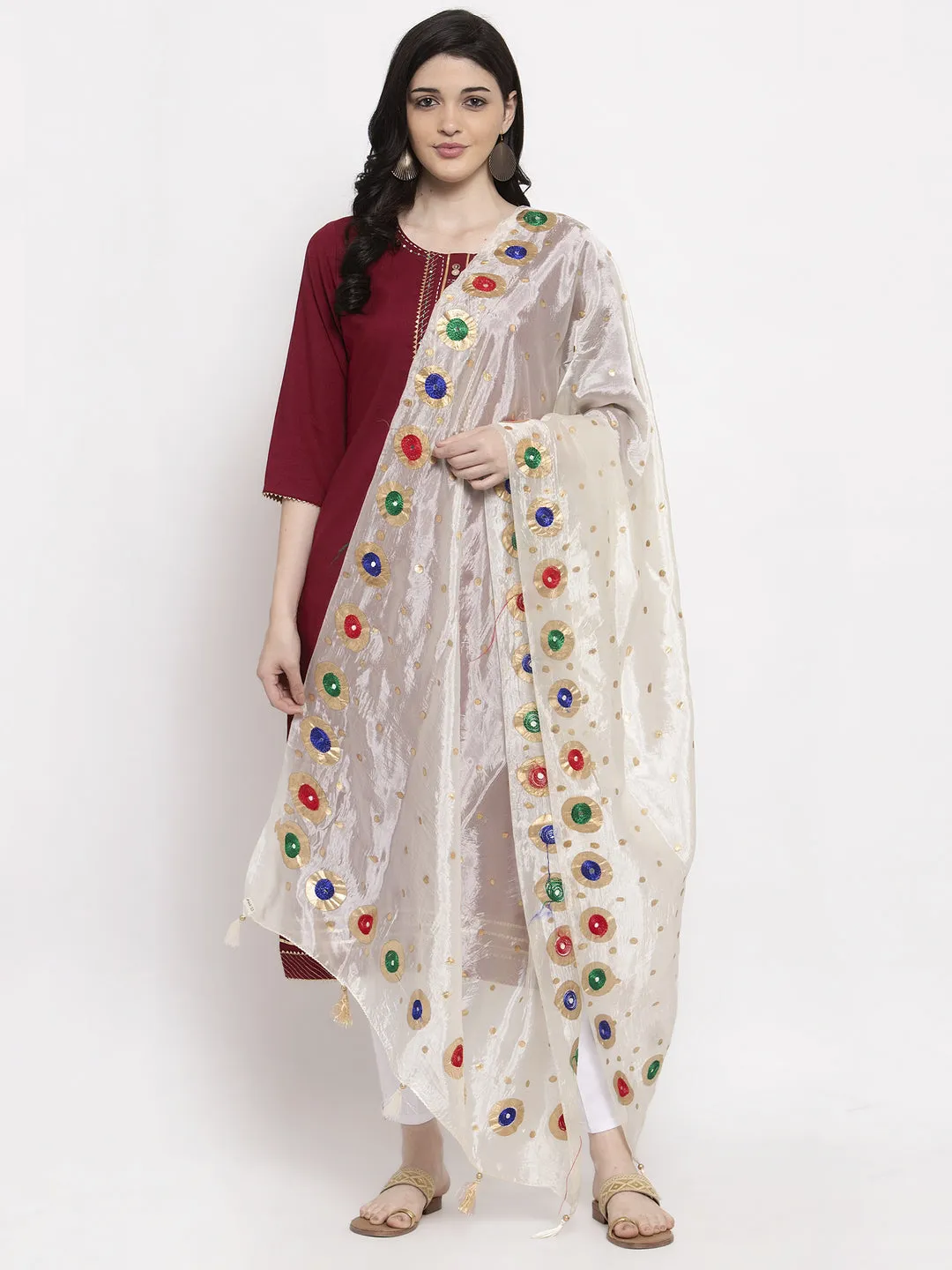 Women'S Cream Printed Silk Dupatta