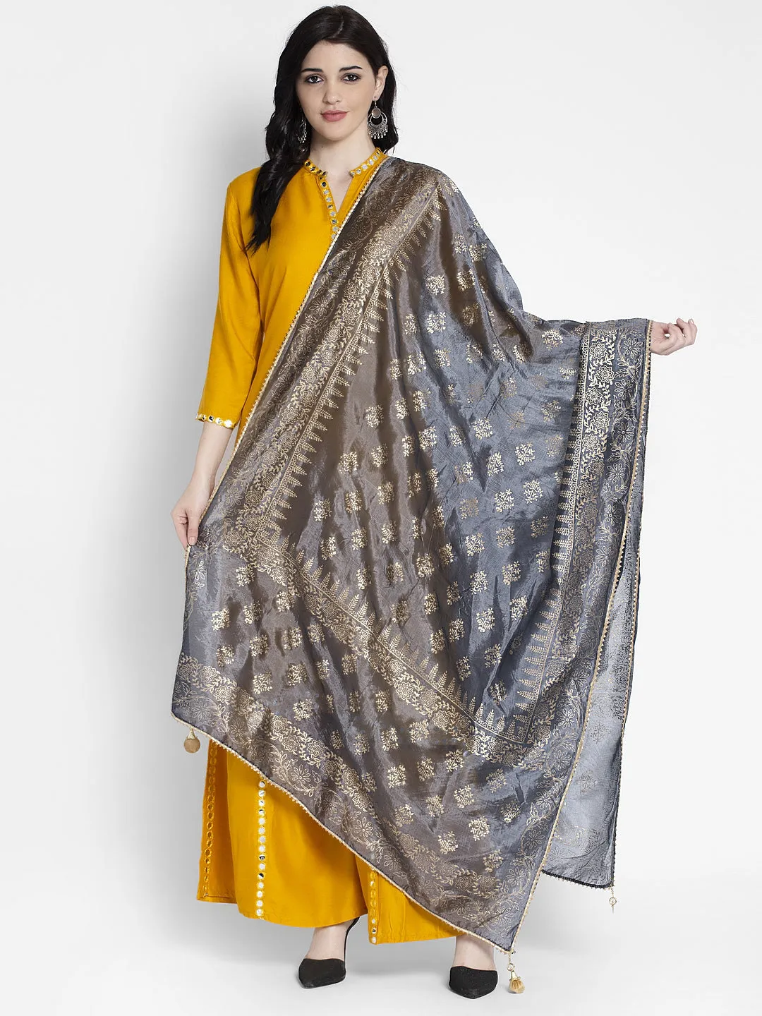 Women'S Grey Printed Silk Dupatta