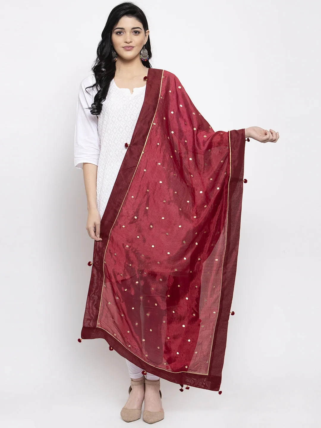 Women'S Maroon Polka Dots Silk Dupatta