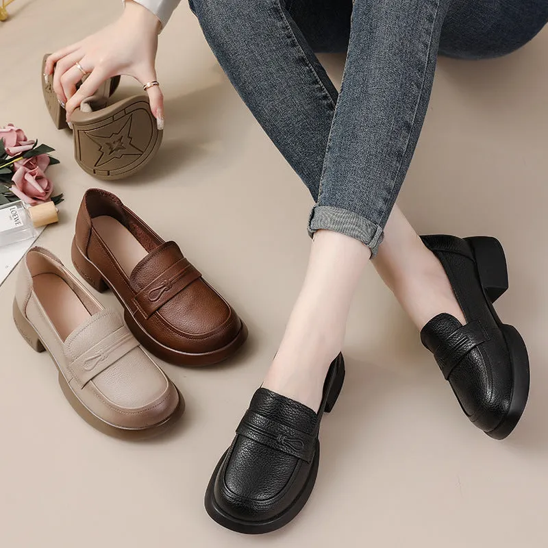 Women's Soft  Lychee Grain Cowhide Retro Loafers