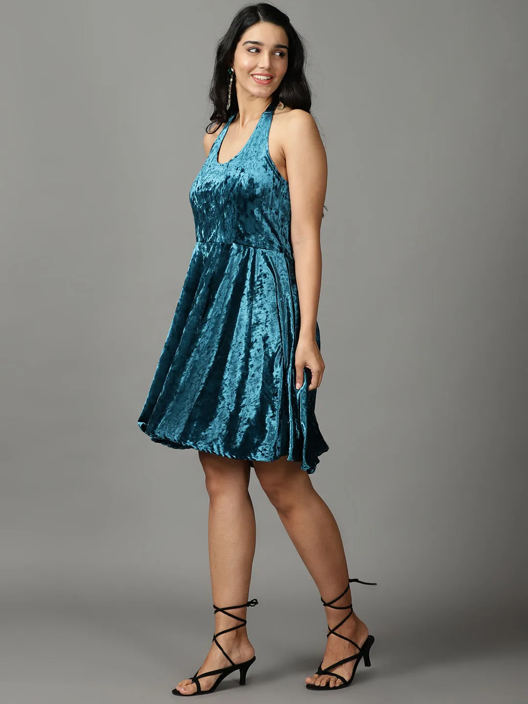 Women's Turquoise Blue Solid Fit and Flare Dress